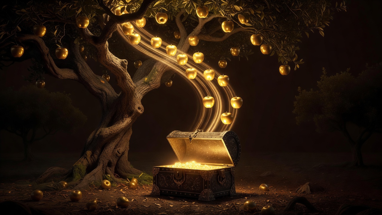 Golden apples falling from a tree into a glowing open vault