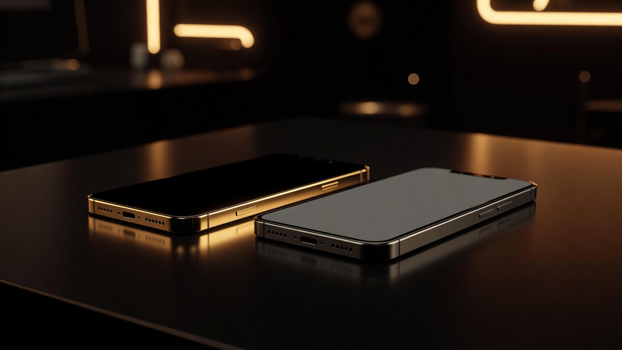 A glowing golden phone beside a plain gray phone on a dark table