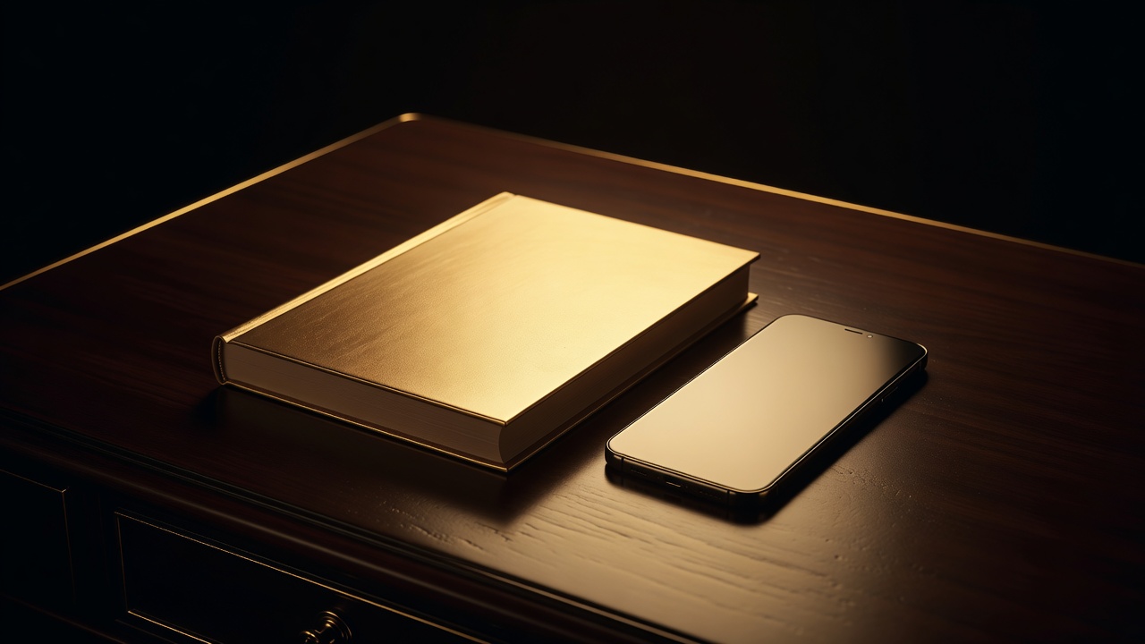 A golden hardcover book beside a glowing phone on a dark desk