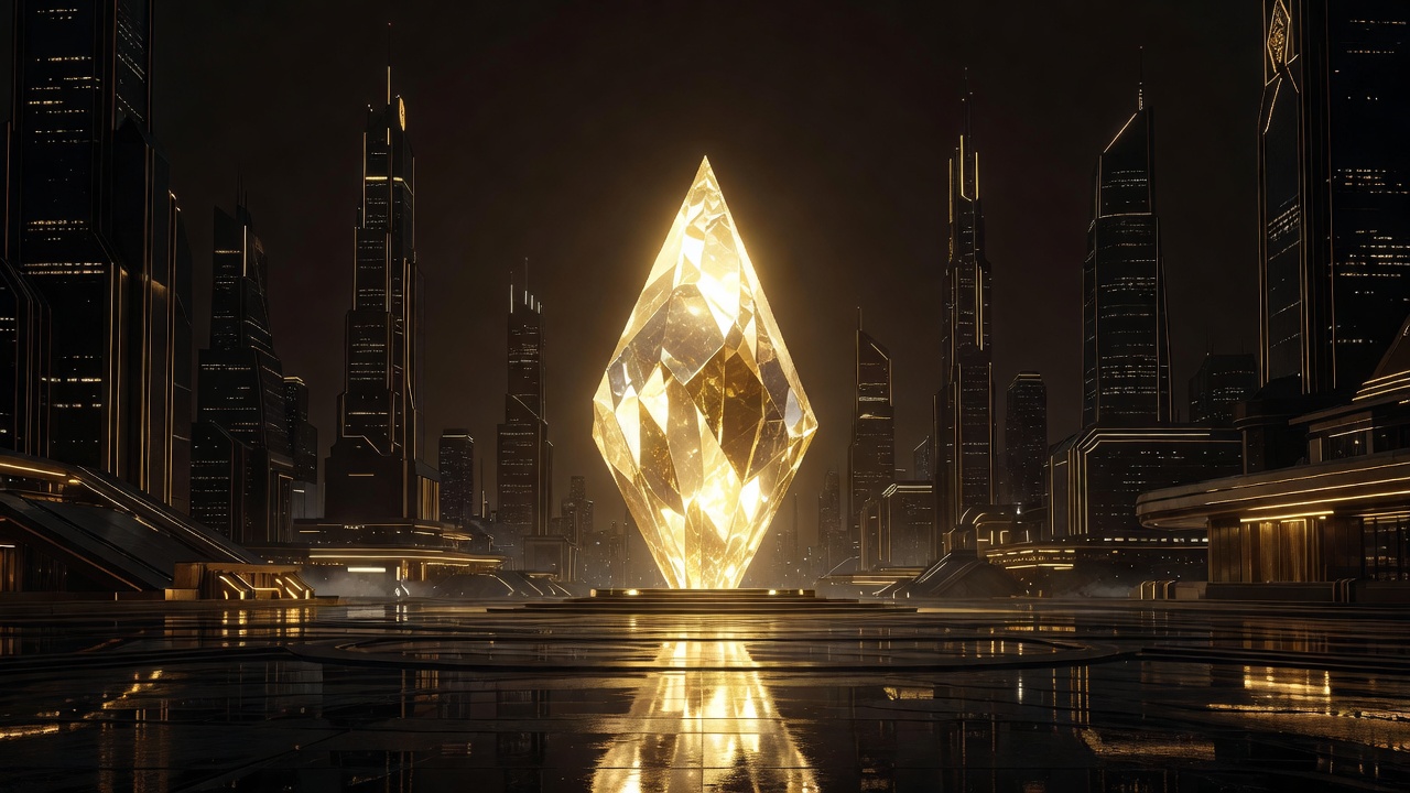 A golden diamond monument glowing in a futuristic city plaza
