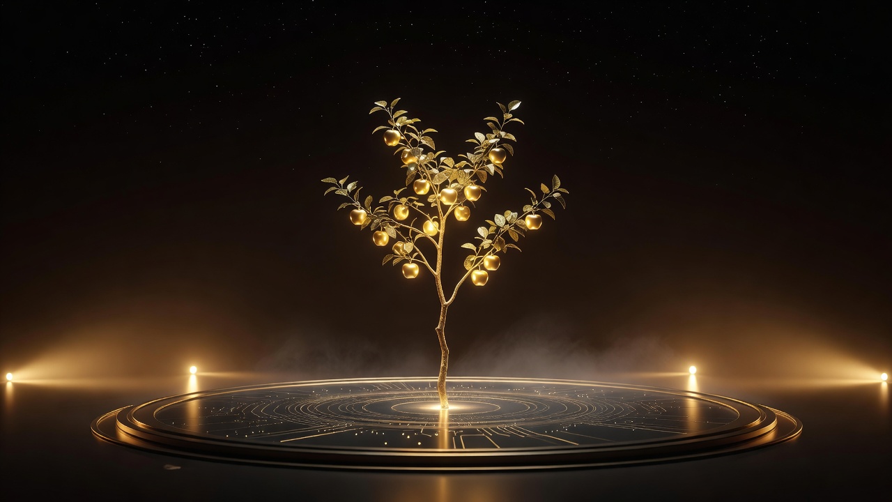 A golden apple sapling growing from a launch platform at night