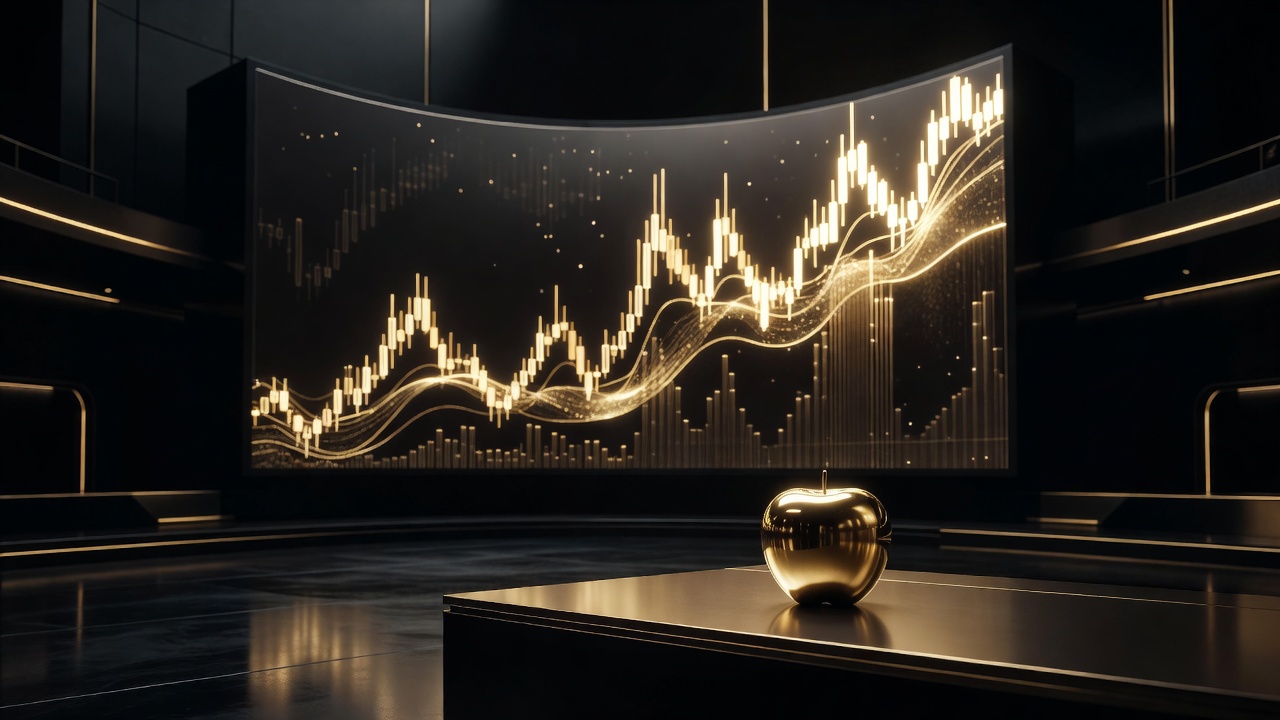 A golden apple in front of a giant rising gold candlestick chart
